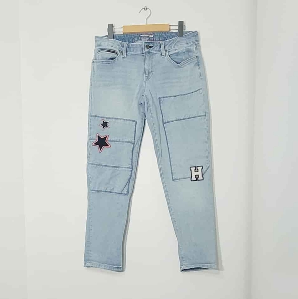 Tommy Hilfiger Boyfriend Jeans Star Patches Distressed Light Wash Stretch Denim